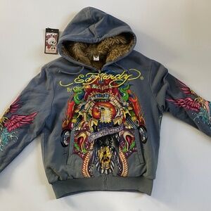 ED HARDY by Christian Audigier, faux fur-lined, zip-up Hoodie, unisex, Size S